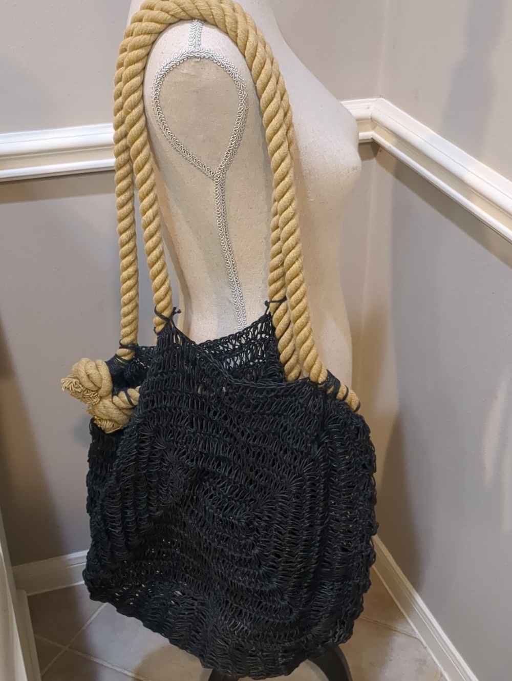 Free People Anju Amalfi Black Crochet Rope-Handle Tote Bag